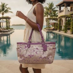 Vintage Coach Purple Signature Canvas Tote Bag with Leather Trim (Medium Size)