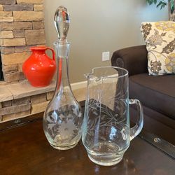 Vintage Hand-Blown Glass Pitcher & Toscany Decanter
