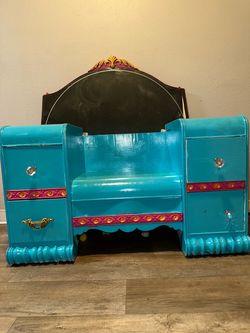 Vintage dresser comes with mirror, pink, blue and gold