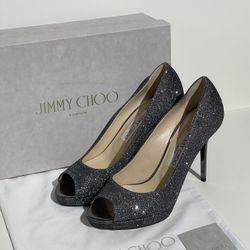 Jimmy Choo Luna Lame Glitter Anthracite Pumps Platform Size 38 / 8 US