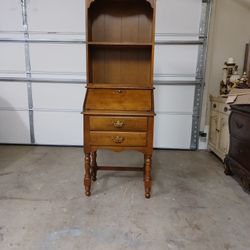 Antique Solid Maple Secretary Drop Out Desk With Bookshelf