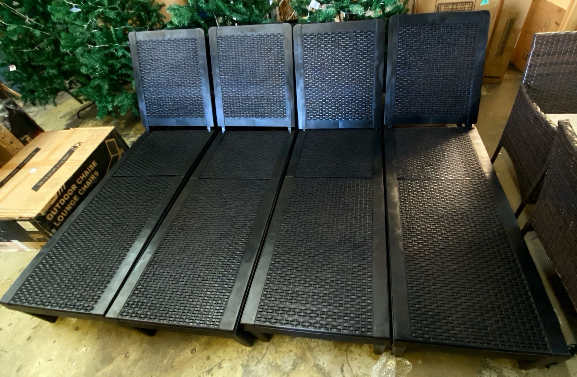 Set of 4 Outdoor Chaise Lounge Chairs – $100 (Total for 4)  Relax in style with this set of 4 matching outdoor chaise lounge chairs. 	•	Durable resin/