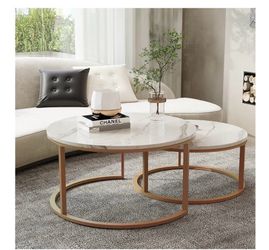 WiberWi Round Coffee Table Nesting Tables Set of 2, Large : Ø 34.0", Small : Ø 26.0", Modern Design Coffee Tables for Living Room, Gold Metal Frame Ci