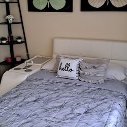 Full Size Leather Platform Bed With Sidelounge And Nightstand.  White Dresser W/Mirror.  