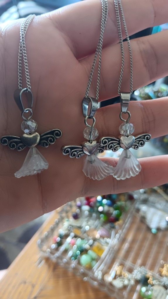 Three White Angels On Silver Chain Necklace