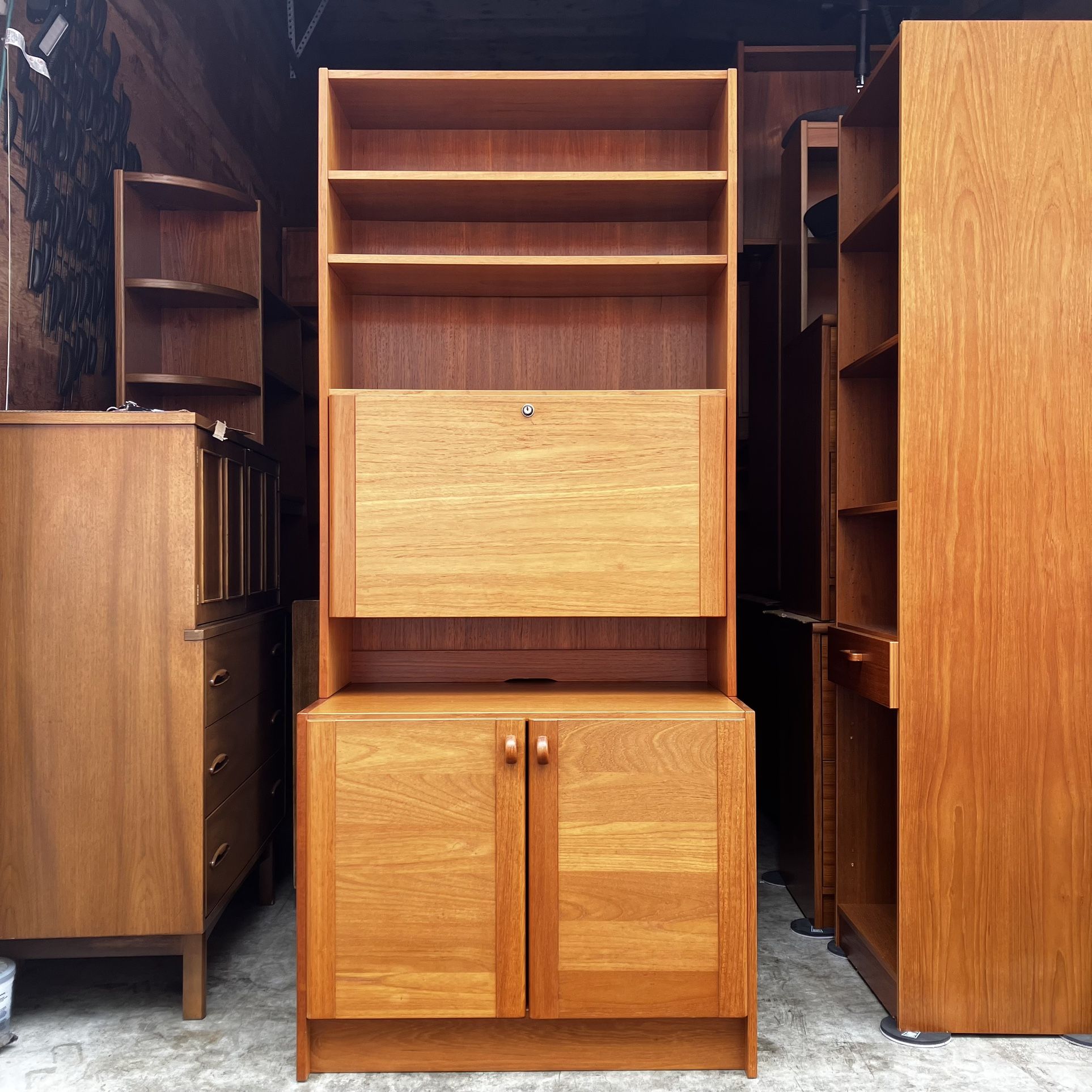 Mid Century Danish Modern Teak Wall Unit Shelving Drop down Desk Buffet Bar bookcase storage bar