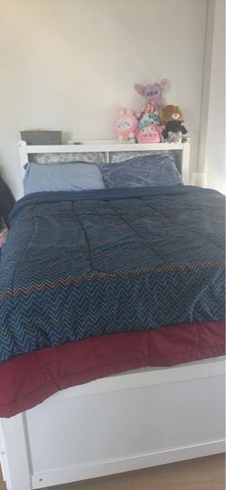 Full size bed frame, storage space, pull out bed, charging station