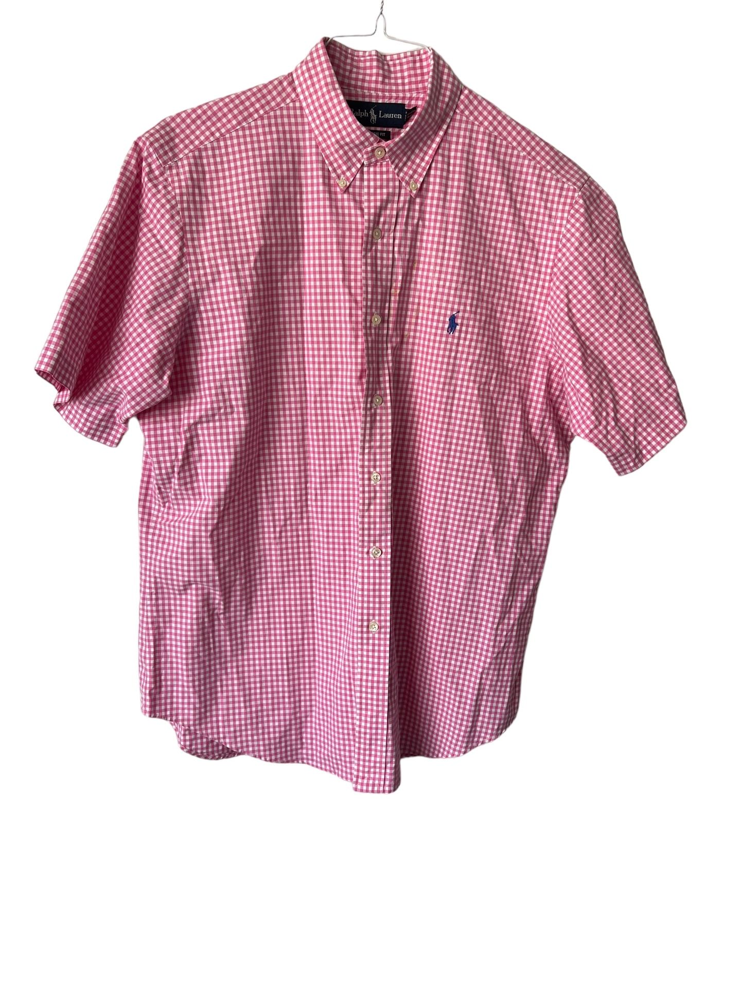 Ralph Lauren Pink and White plaid Button Down Shirt Size L classic fi. Measurements in pictures. Comes from a pet and smoke free home. Add a splash of