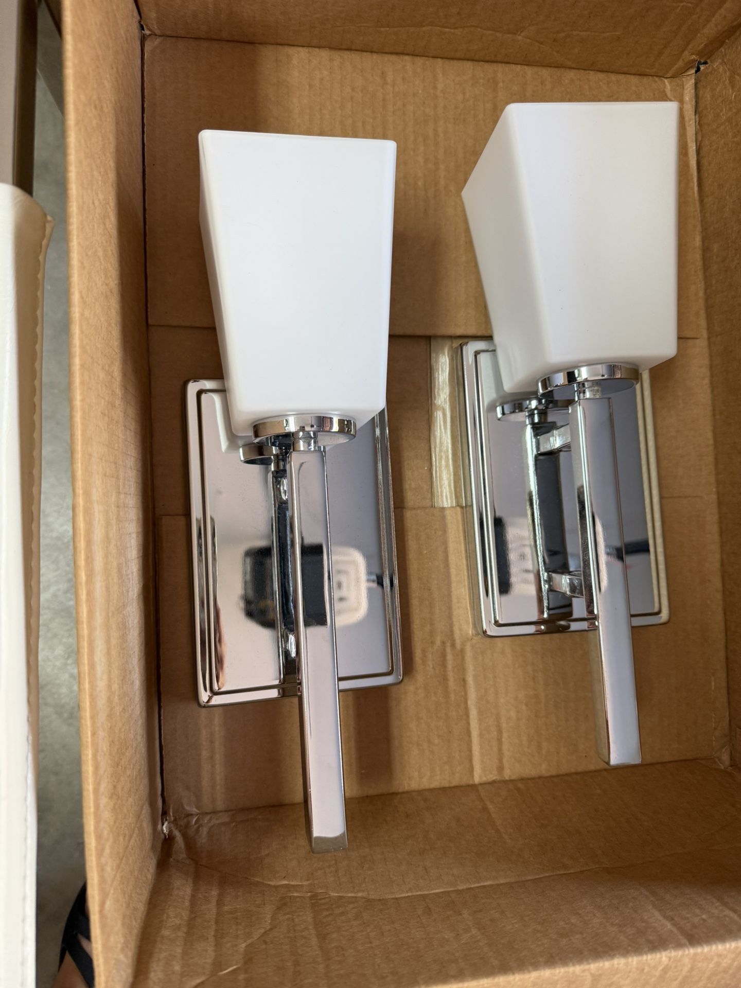 2 - Pack Indoor Wall Light Lamp Scones, Perfect Condition , Measures 4.75 inches wide, 13.5 inches tall, Like New, White Glass And Chrome, Was $300