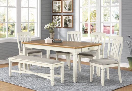6 PIECE FARMHOUSE TWO TONE DINING TABLE SET CHAIRS BENCH | COMEDOR MESA SILLAS