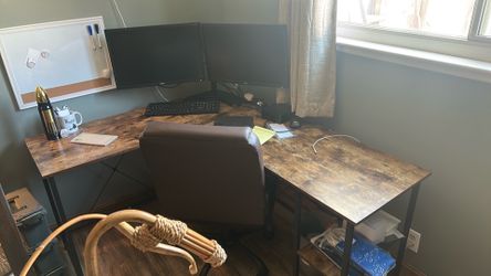 Desk, chair, 2 screens and keyboard