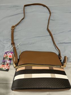 Tartan Checker Plaid Faux Leather Crossbody Bag (Brown). Faux Leather Adjustable Strap