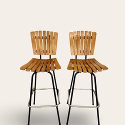 Pair of Vintage Mid Century Modern Arthur Umanoff Style Slatted Wood and Metal Barstools