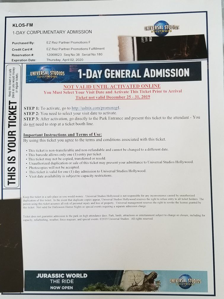 Universal Studios tour ticket