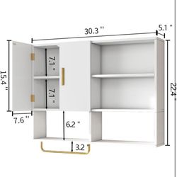 Bathroom Wall Cabinet Wood Large Wall Mounted Medicine Cabinet with 2 Doors and 4 Open Shelves Over Toilet Storage Cabinet Organizer with Towel Bar,Wh