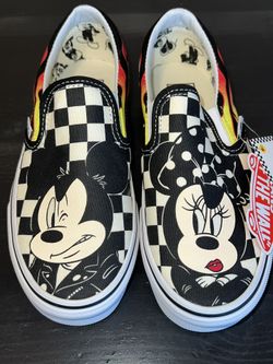 Women’s Vans X Disney Classic Slip- On MICKEY & Minnie Checkered Flames Size 3.5