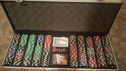 Poker chips with cards and dice