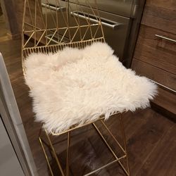 Set Of Three Gold Lucy Counter Stool With Sheepskin Fur Pads