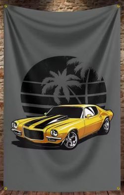 Yellow Mustang Boss 429 Garage Legend & Collectors Wall Tapestry 24"× 35"
