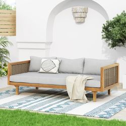  68" Modern Outdoor Patio Acacia Wood Daybed / Sofa w/ Light Gray Cushions & Rattan Weave Arms [NEW] **Retails for $655 <Assembly Req>