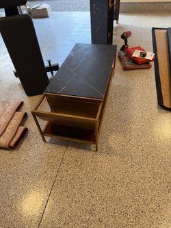 Marble Coffee Table - Brass Frame, Leather Magazine Sling