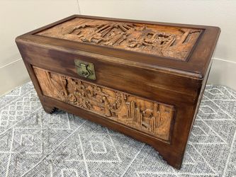 Chinoiserie High Relief Village Scene Carved Cedar Lined Trunk with Sliding Tray