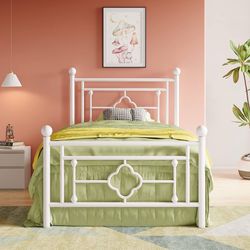 14 Inch Twin Size Metal Platform Bed Frame, Vintage Victorian Style, Wrought Iron Headboard and Footboard/Mattress Foundation for Storage/No Box Sprin