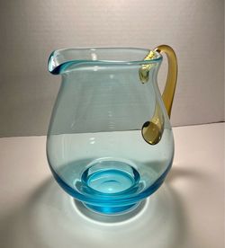 Mid-Century Modern Vintage Scandinavian Blue & Amber Hand Blown Glass Pitcher 8"
