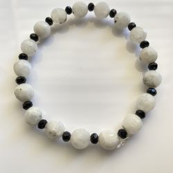 White peppered moonstone with black crystal spacers Gemstoneb Bracelet