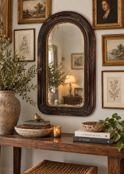 Antique Arched Victorian Art Deco Arch Gesso Plaster Wall Hanging Mirror Ornate 19th Century Vintage Collectible Wood Backing Aged Granny Chic