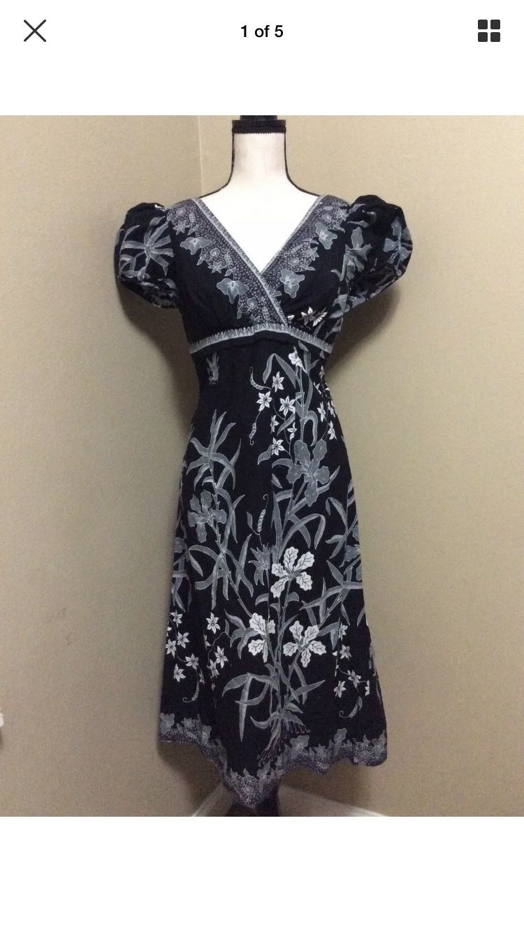 DESIGNED BY VANNY Black Gray Cotton Floral V-neck Shift Dress Designer Sz S-M