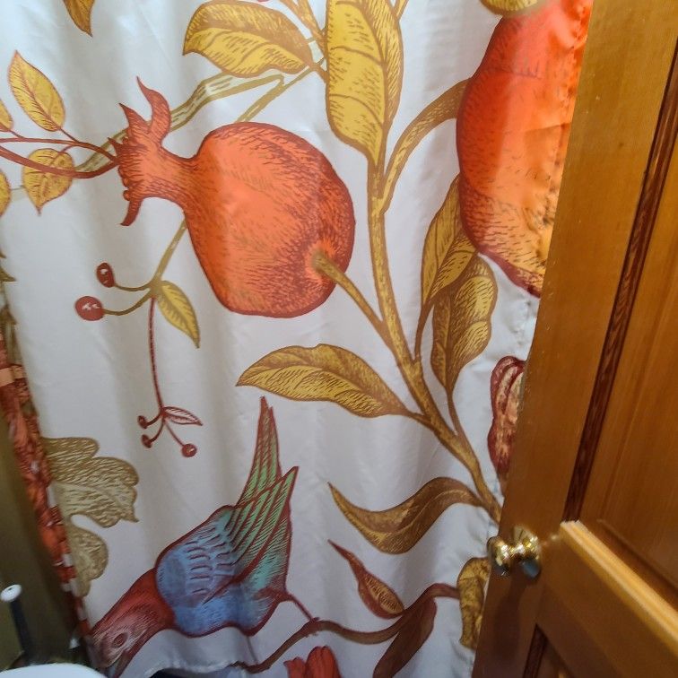 Shower Curtain Japanese Chrysanthemum Flowers Pomegranate Branches Leaves and Birds 