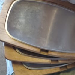 Set Of 4 Oak And Sterling Silver Sizzling And Or Flaming Hot Serving Platters