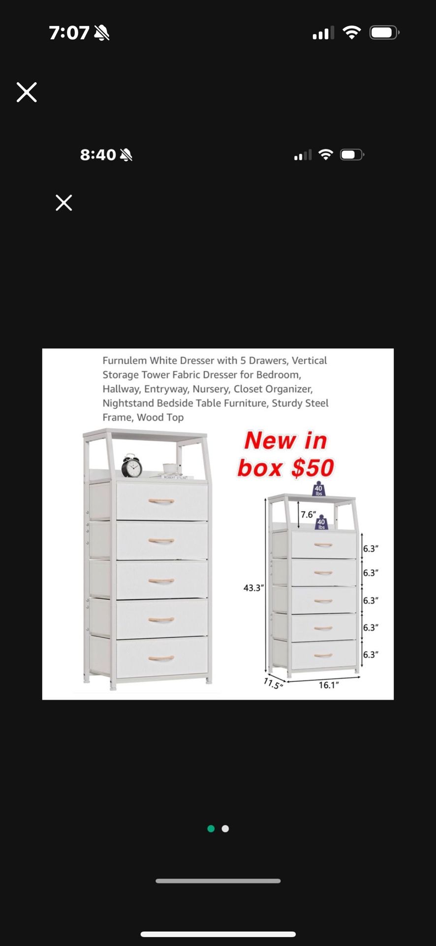 New  White Dresser with 5 Drawers, Vertical Storage Tower Fabric Dresser for Bedroom, Hallway, Entryway, Nursery, Closet Organizer, Nightstand$50