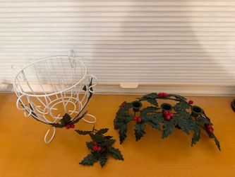Vintage 3-Pc Christmas Holly Metal Centerpiece Set (Candelabra & Basket)