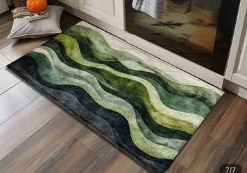 Green Gradient Wave Non-Slip Absorbent - Soft Flannel Entrance Mat