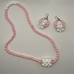  Vintage Pink And White Beaded Necklace (24 In)  With Matching Earrings