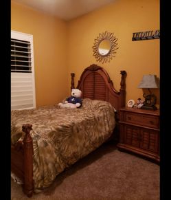 Queen bedroom set used. (Mattress not included) one large night stand and chest and queen bed frame