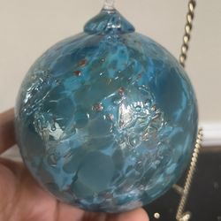 Hand Blown Art Glass Ornament Ball Aqua Blue 4  1/2”