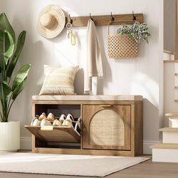 Rattan Narrow Entryway Bench with Shoe Storage, 2 Flip Drawers & Coat Rack, Mid-Century Modern Wood Shoe Cabinet with Seat Cushion for Foyer/Hallway (