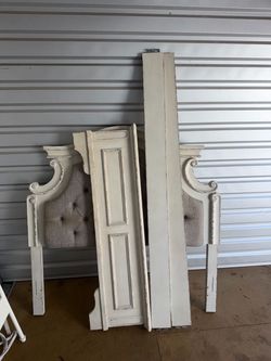 Cream wood bed with gray tufted headboard Queen size