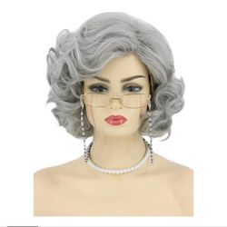 Old Lady Wig and Accessories 5pcs Set Granny Costume Wig Grandma wig Halloween Party Wigs (Grey)