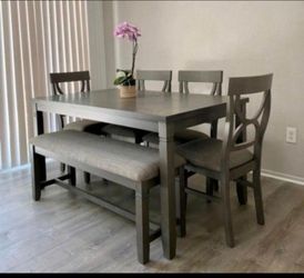 ✅️✅️6 pc bridget ii grey finish wood dining table set padded seat chairs and bench✅️✅️