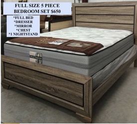 FULL SIZE SOLID WOOD RUSTIC FINISH BEDROOM SET WITH ALL DRESSERS INCLUDED NEW