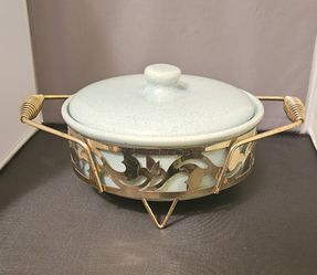 Vintage BAUER Pottery Covered Casserole With Gold Stand