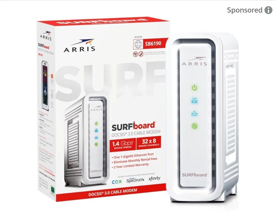 New ARRIS (SB6190) - Cable Modem - Fast DOCSIS 3.0 32x8 Gigabit Cable Modem, For Comcast Xfinity, Cox, Spectrum and more, 1 Gbps Port, 800 Mbps Max
