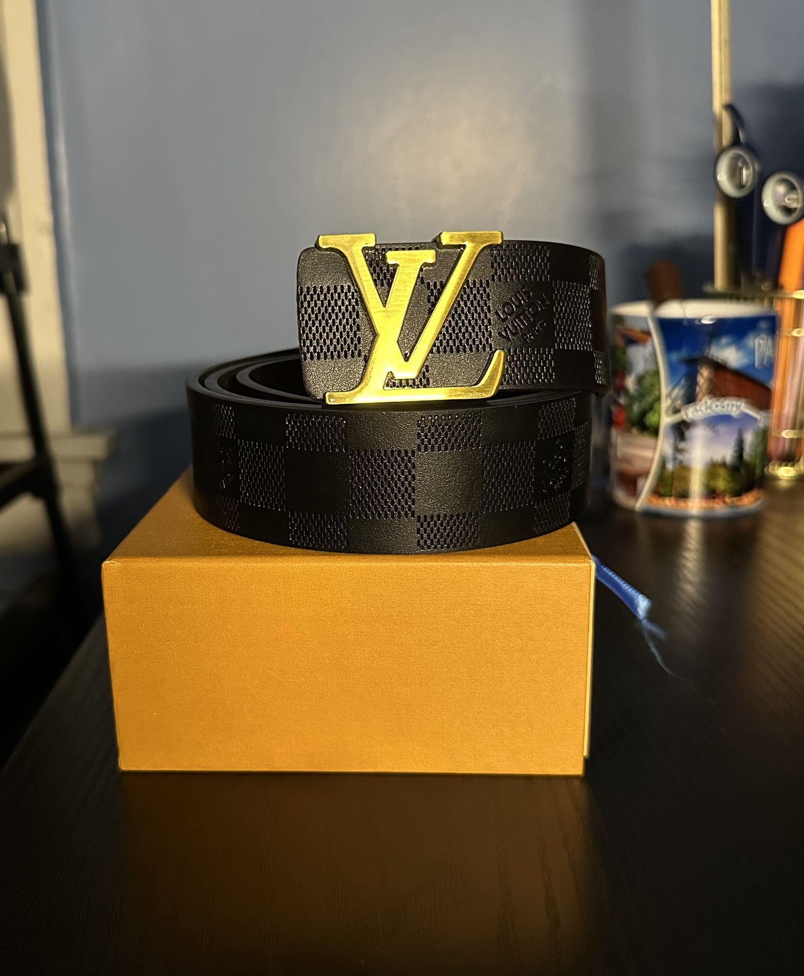 Black Checker Engraved LV Monogram Belt with Gold Buckle
