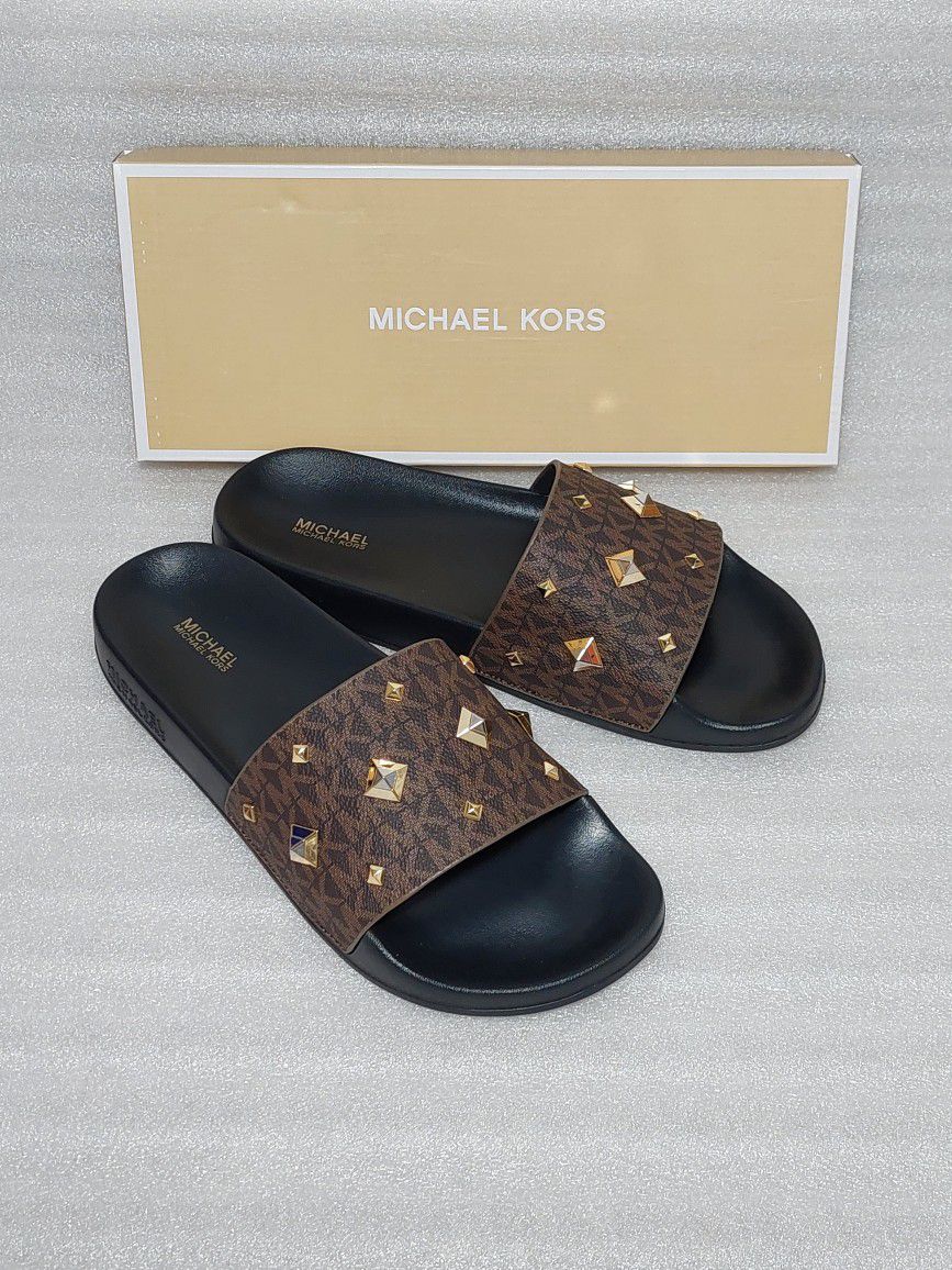 Michael Kors designer slides sandals. Size 9 women's shoes. Brown MK. Brand new in box 