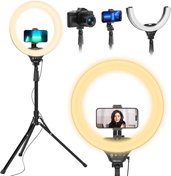 NEW UBeesize 14'' Foldable Ring Light with 62'' Tripod Stand and Phone Holder, LED Selfie RingLight for iPhone with Remote, Circle Light for Tiktok/Yo