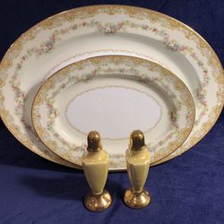 Noritake turkey platter extra large and vegetable platter. Bonus! Gold and iridescent salt and pepper shakers.